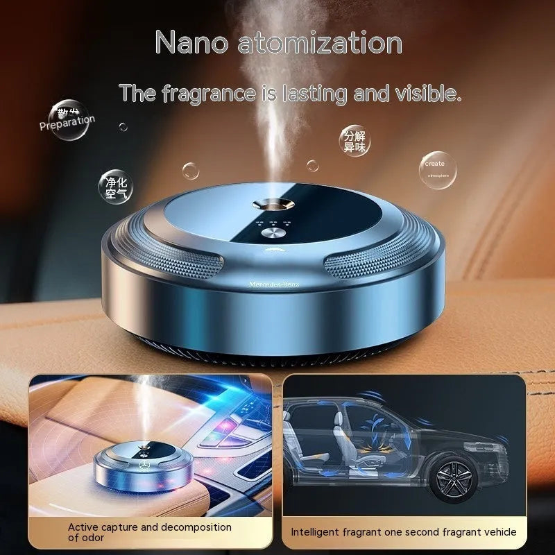 Automatic car air freshener diffuser with metal construction and compact 89mm by 35mm dimensions