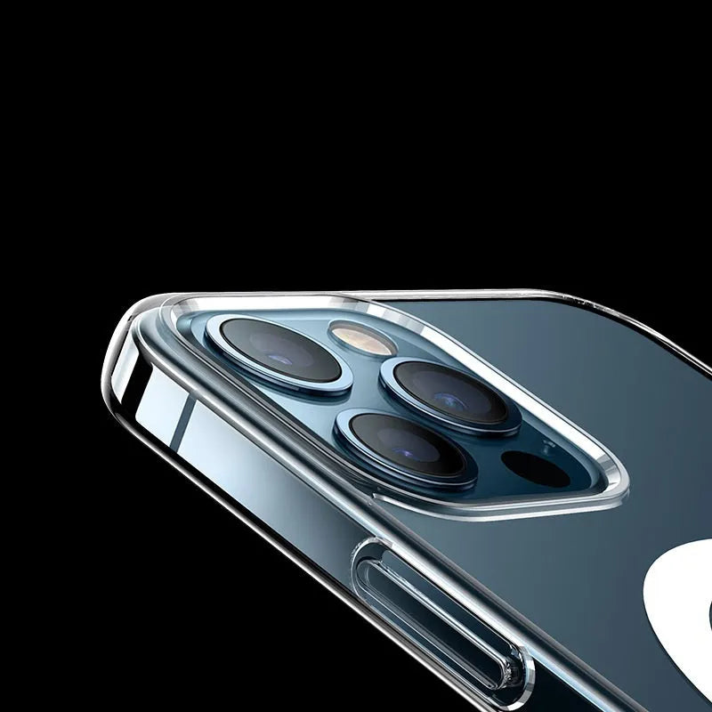Clear transparent magnetic phone case for iPhone with MagSafe compatibility ring visible