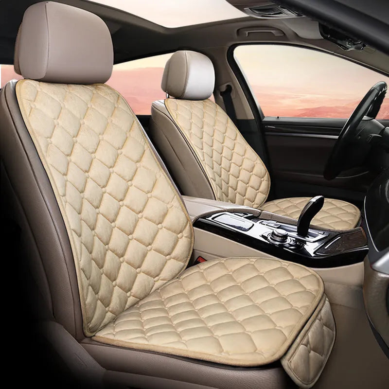 Plush cotton winter car seat cushion shown in burgundy, black, and grey colours.