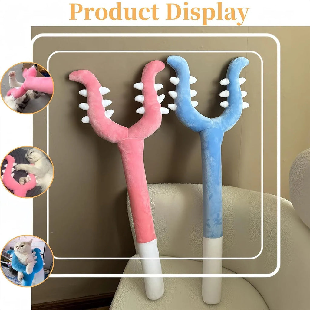 Blue plush cat wand toy with foam-filled head measuring 70cm length for interactive pet play