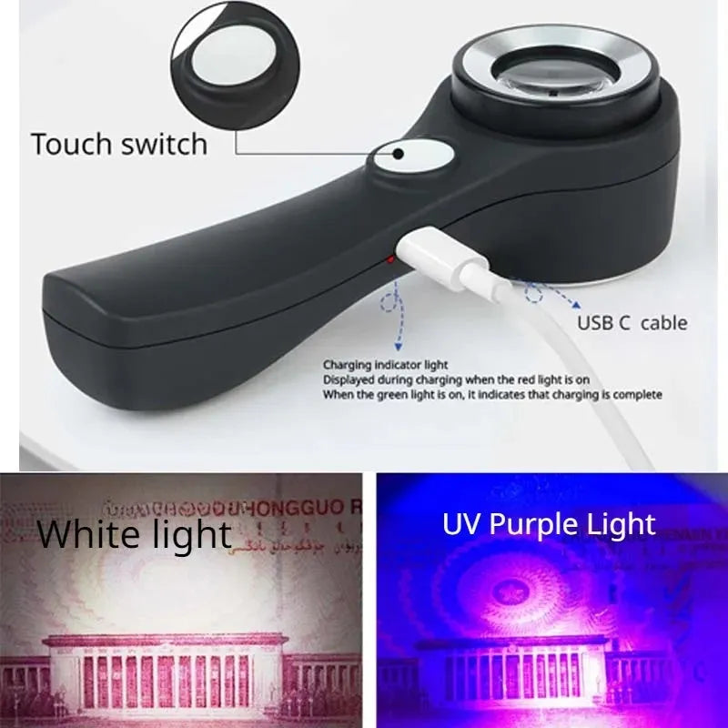 Professional appraisal magnifying glass with optical glass lens and USB-C charging port