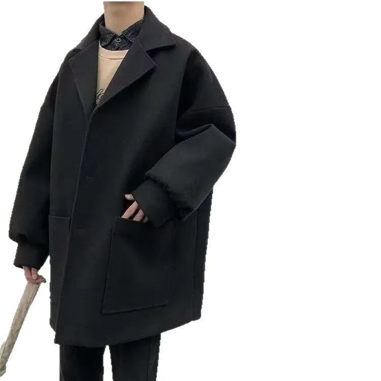 Men's loose Hong Kong style suit jacket in black plaid pattern with long sleeves