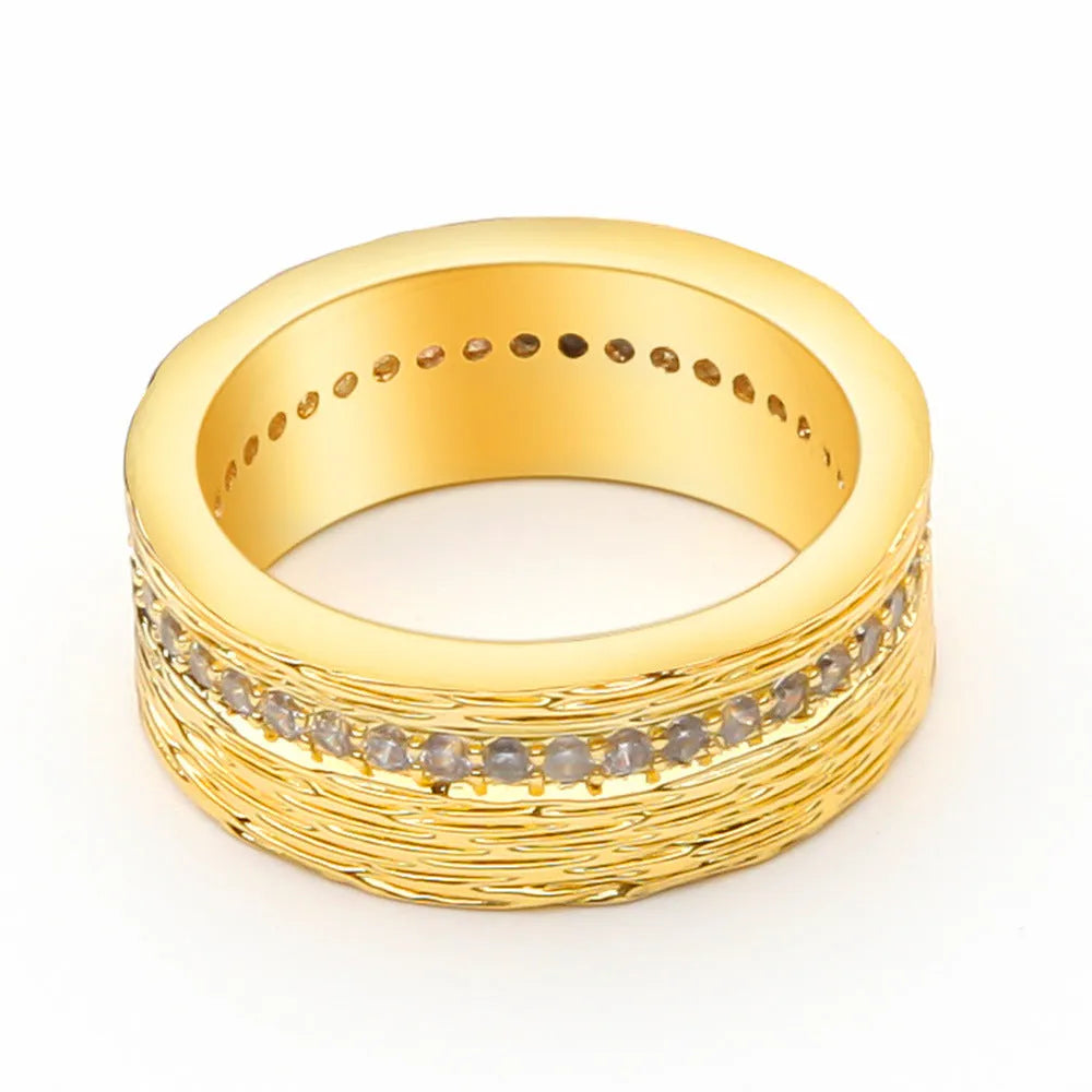 Gold geometric women's ring with zircon accents on a copper base, shown in UK sizes 6, 7, and 8.