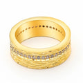 Gold geometric women's ring with zircon accents on a copper base, shown in UK sizes 6, 7, and 8.