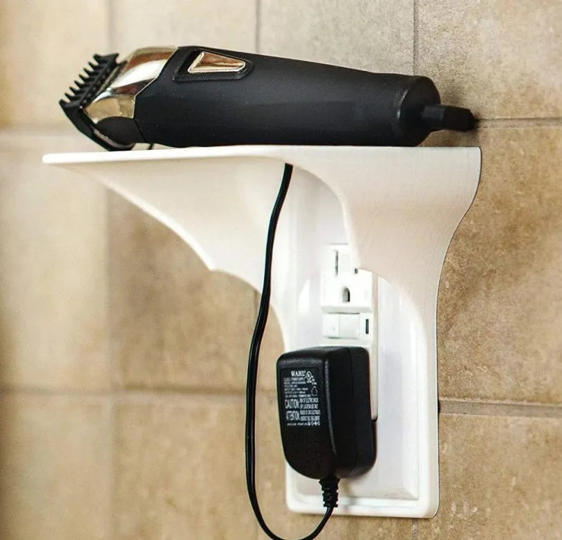 White polypropylene plastic socket organiser rack for storing electrical sockets and power strips.