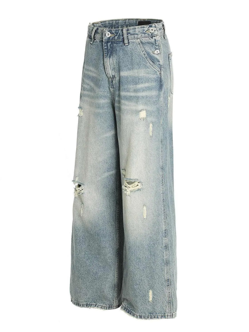 Water washed hole jeans in retro blue with loose straight leg and zip fly for women