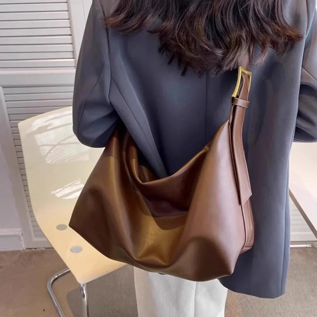 Soft collapse simple one-shoulder large capacity PU tote bag in brown with stitching and contrast colour details