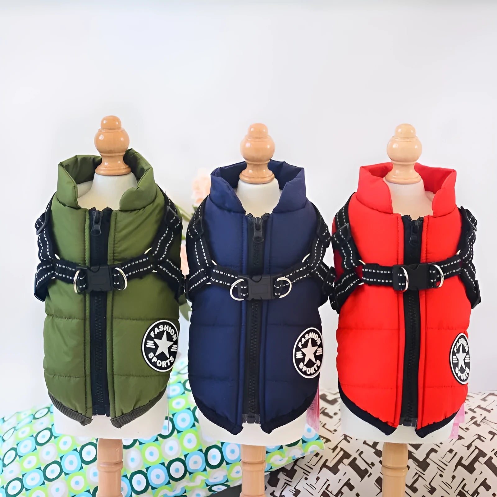 Red waterproof dog coat with harness attachment for a large breed dog in winter.