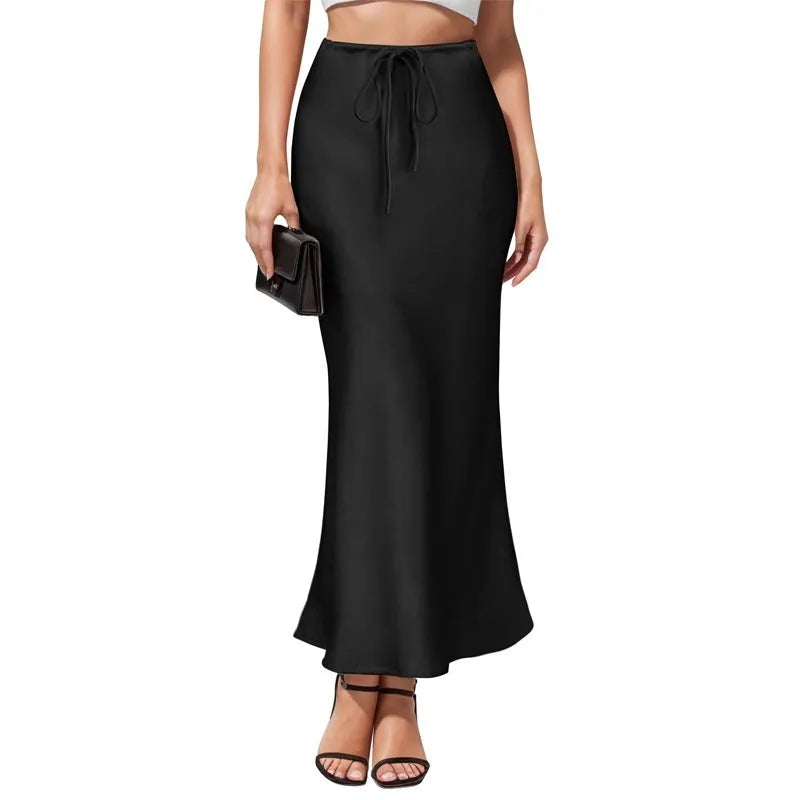 Women's high waist asymmetric acetate satin skirt with irregular hemline stitching in milky white colour