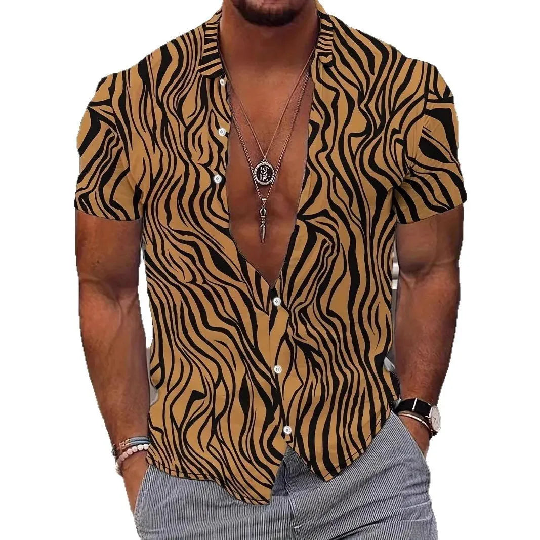 Men's geometric line print lapel collar short sleeve shirt in slim fit for summer casual wear