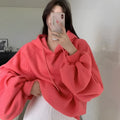 Women's loose mulberry silk hooded sleeveless sweater in watermelon red colour