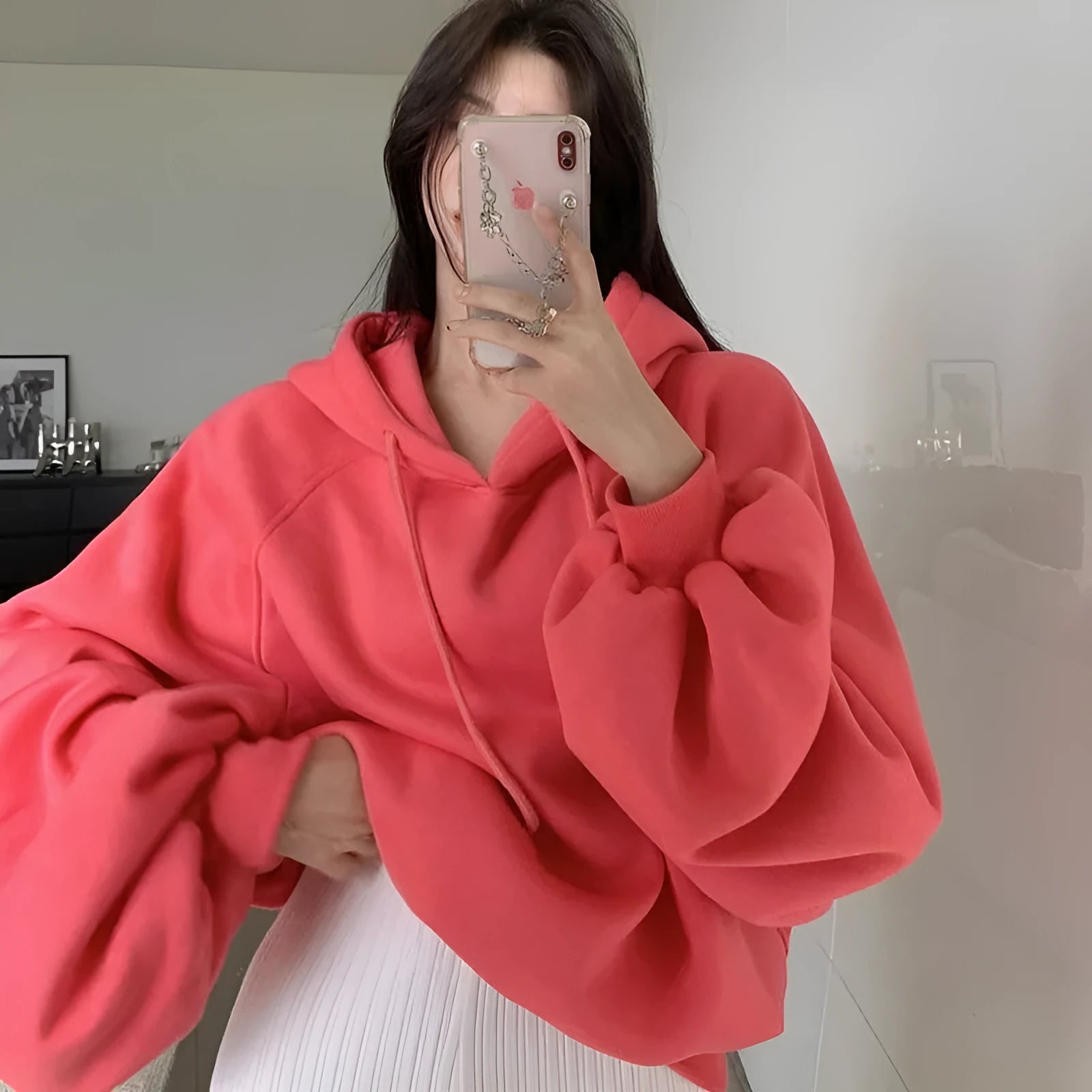Women's loose mulberry silk hooded sleeveless sweater in watermelon red colour