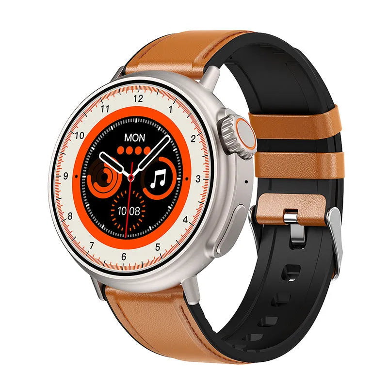 K9 Smart Watch in black on wrist, showing round screen with fitness stats