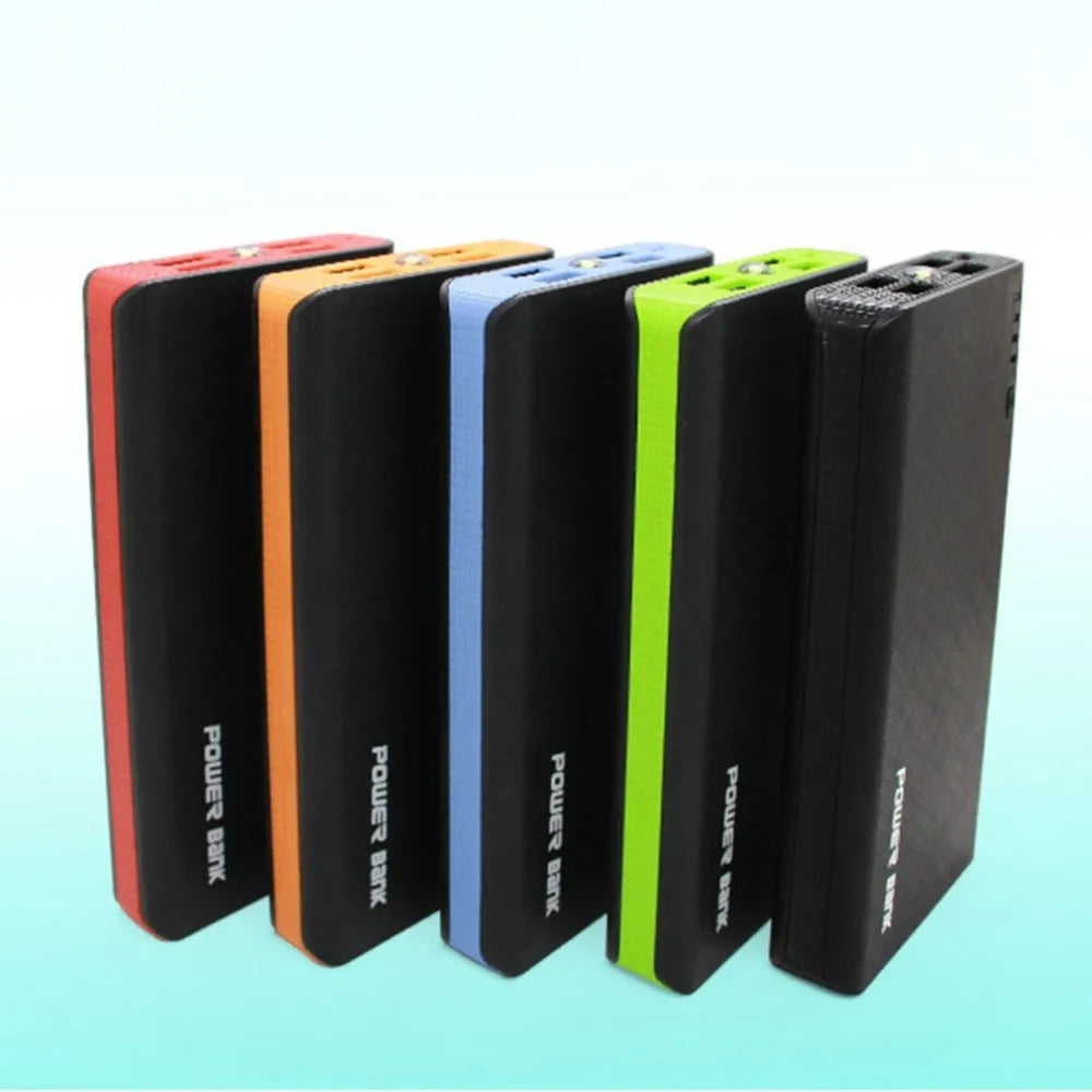 20000mAh mobile power bank in red, blue, green, yellow, and black colours showing front display and charging ports