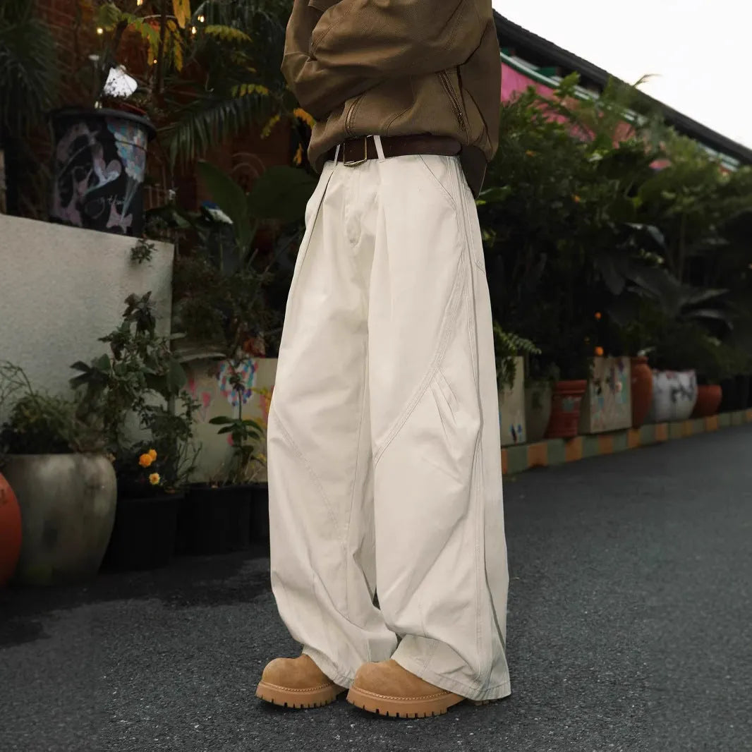 Men's straight leg trousers with pleated front in striped black, brown or apricot colours