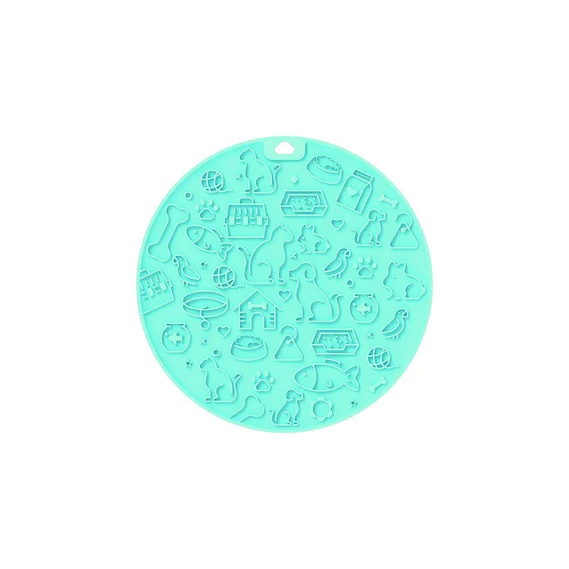 Round silicone pet licking mat with textured surface and suction cup on reverse, in blue colour.