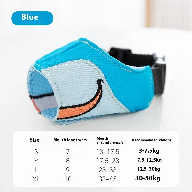 Canvas dog muzzle mouth cover anti-bite product in Ollie Brown Bear colour showing size options for dogs 3kg to 50kg
