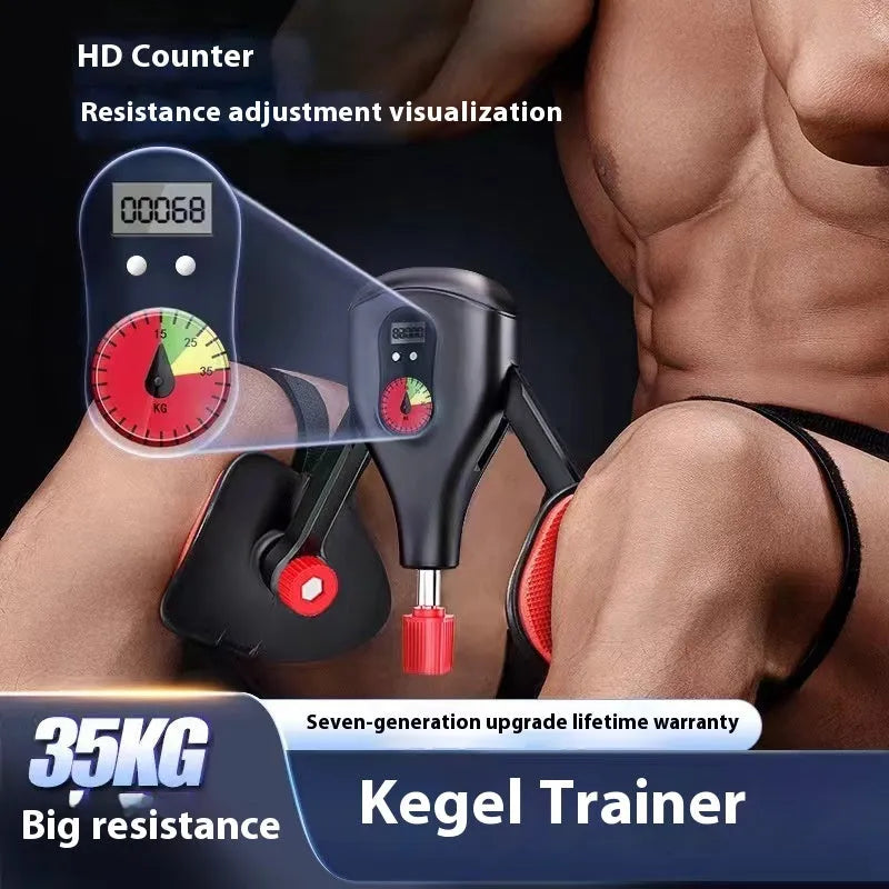 Men's black Kegel trainer for PC muscle exercise with optional elastic straps and handle accessory.