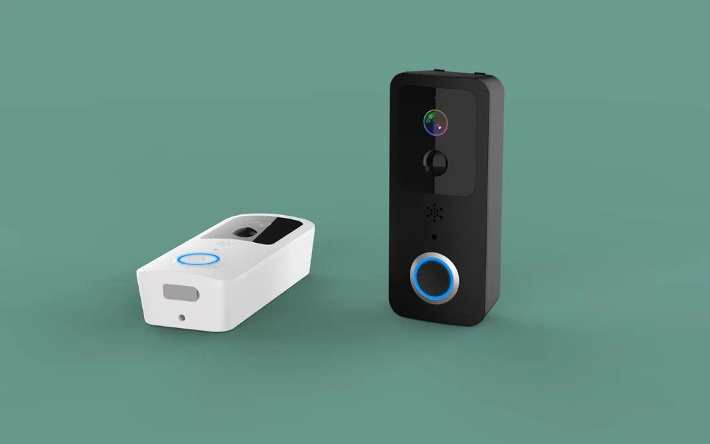 Black or white smart visual doorbell with camera, button, and waterproof casing for outdoor mounting.