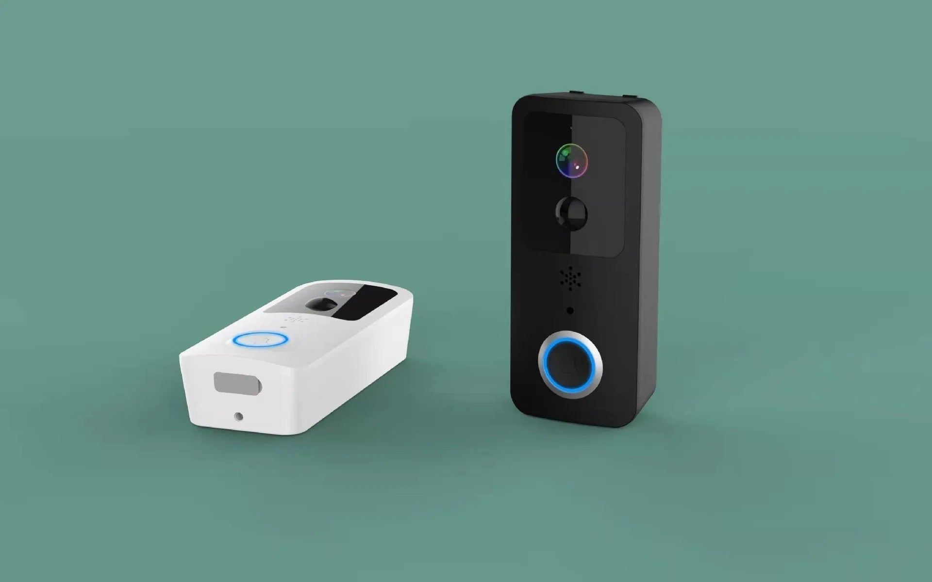 Black or white smart visual doorbell with camera, button, and waterproof casing for outdoor mounting.