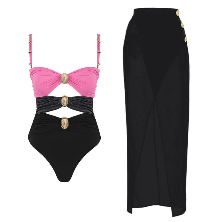 Women's solid colour one-piece swimsuit with detachable skirt and gold button detail in nylon fabric