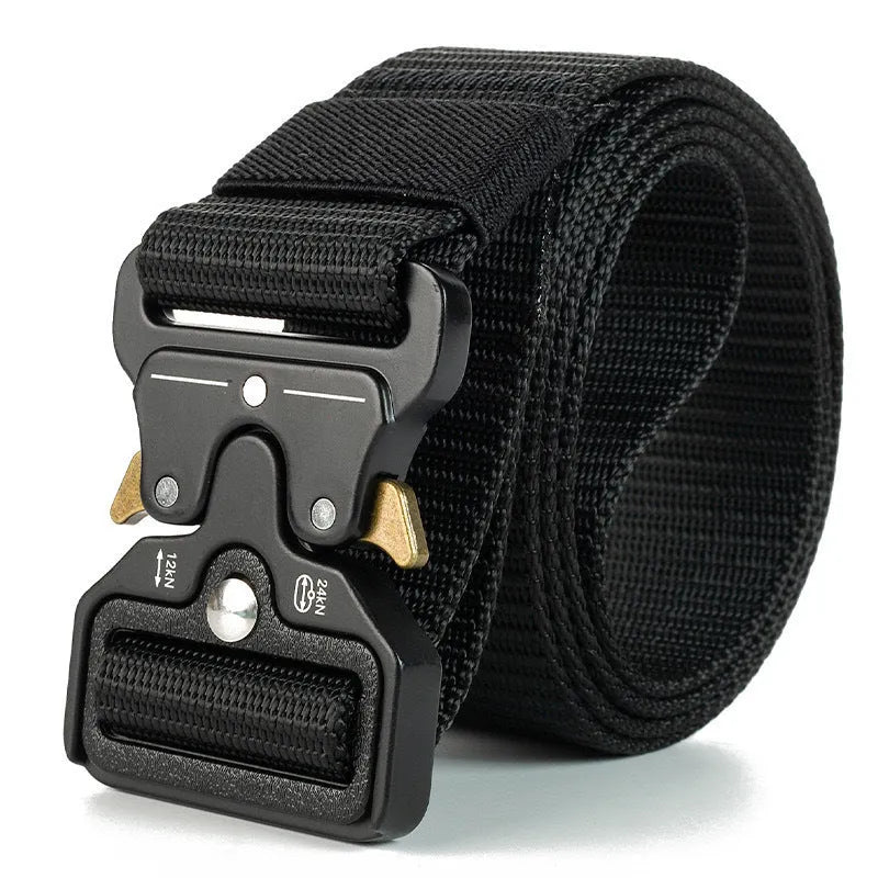 Men's thick canvas tactical belt with an alloy buckle shown in multiple colour options: black, khaki, green, blue, and brown.