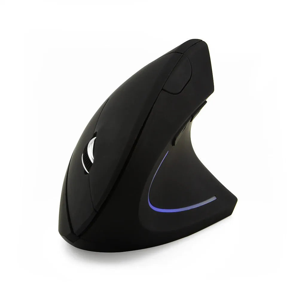 Vertical Vertical wired optical mouse in black with USB cable, six buttons, and four-way wheel on a laptop desk
