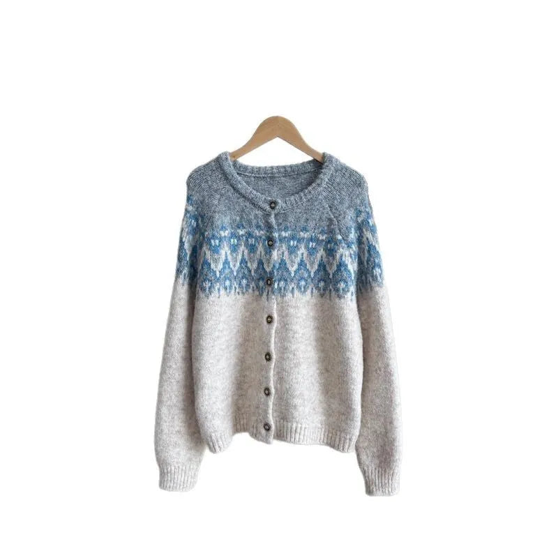 Women's thickened sweater coat in contrast colour jacquard knit with long sleeves