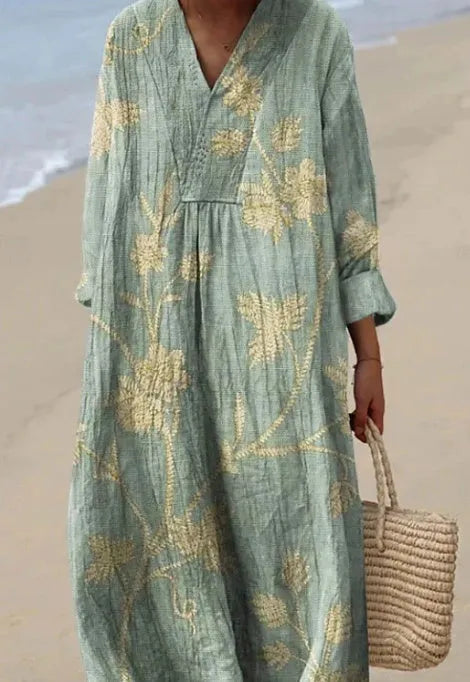 Long sleeve shirt dress with 3D floral print, wide waist, and princess skirt silhouette.