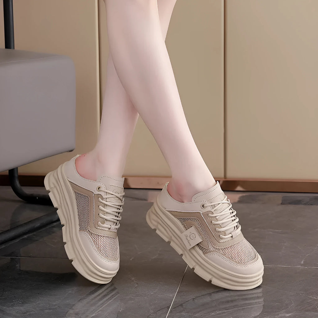 Women's mesh half slippers with height increasing insole in black, khaki or white