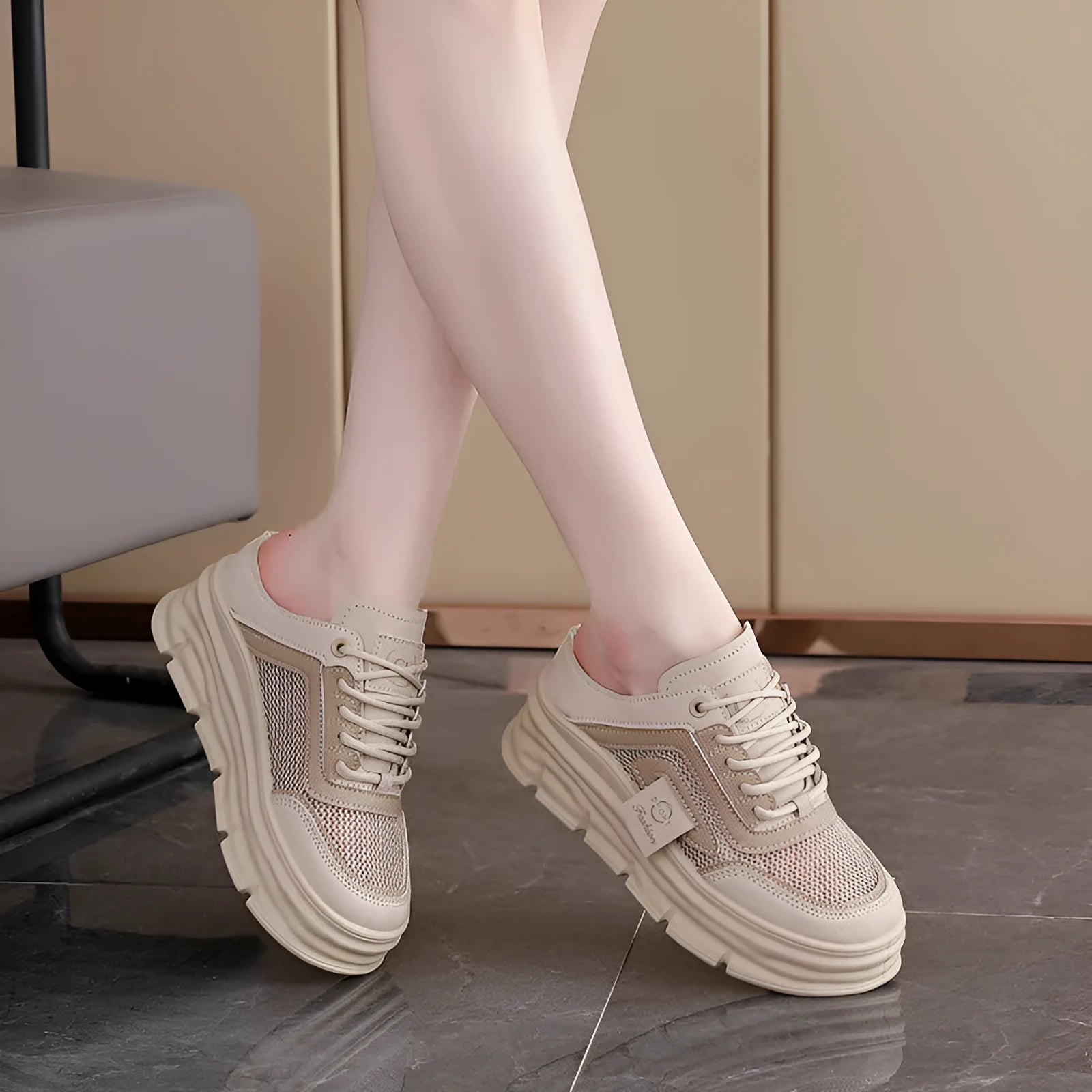Women's mesh half slippers with height increasing insole in black, khaki or white