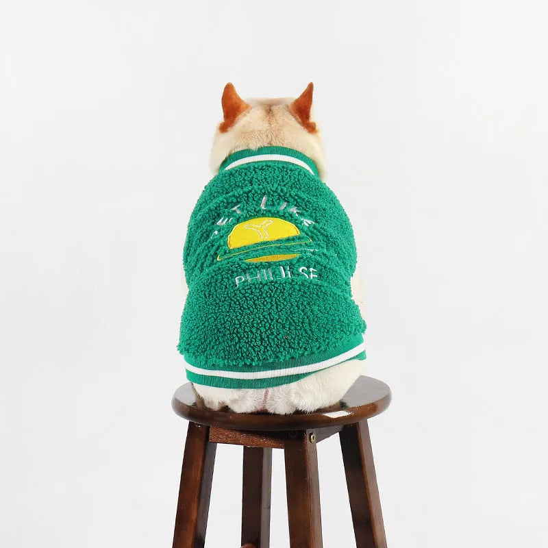 Green fleece-lined dog winter jacket shown in sizes L, XL, XXL, 3XL, and 4XL