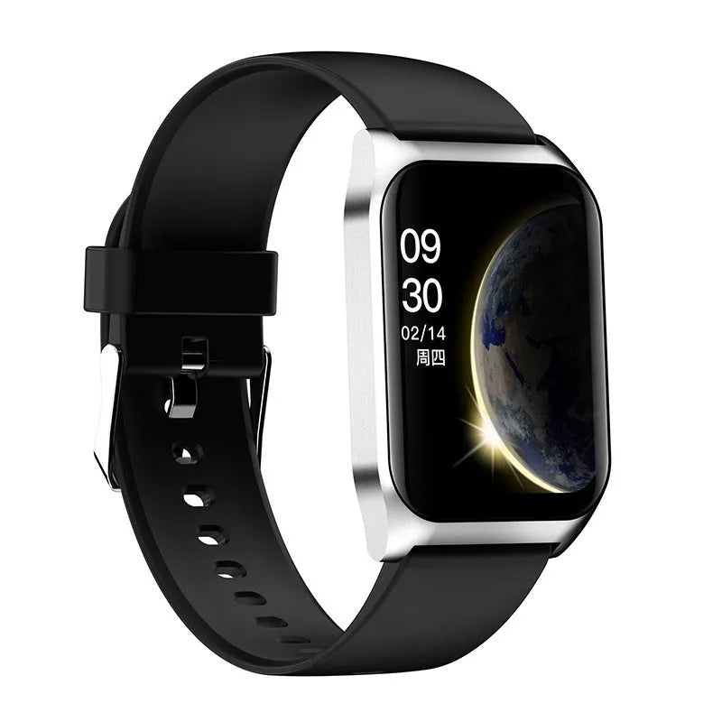 Black smart watch with 1.69 inch screen showing heart rate display on silicone wrist strap