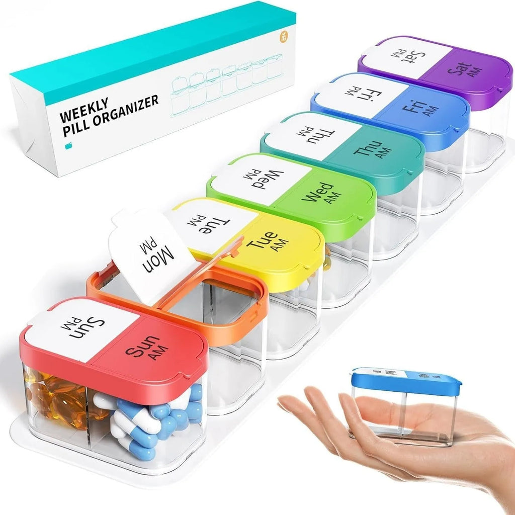 Extra large white and rainbow coloured plastic pill organiser with 14 removable compartments.