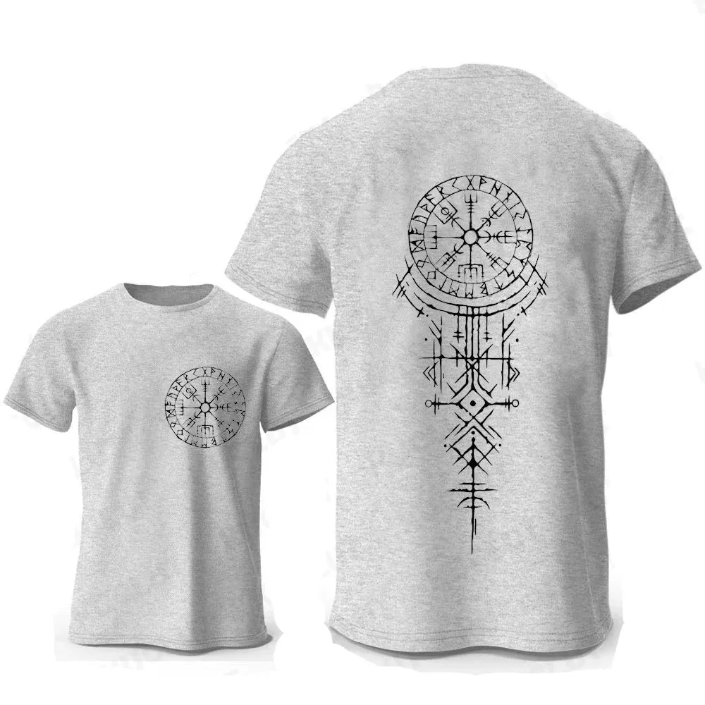 Men's grey Viking rune compass graphic printed on a pure cotton T-shirt