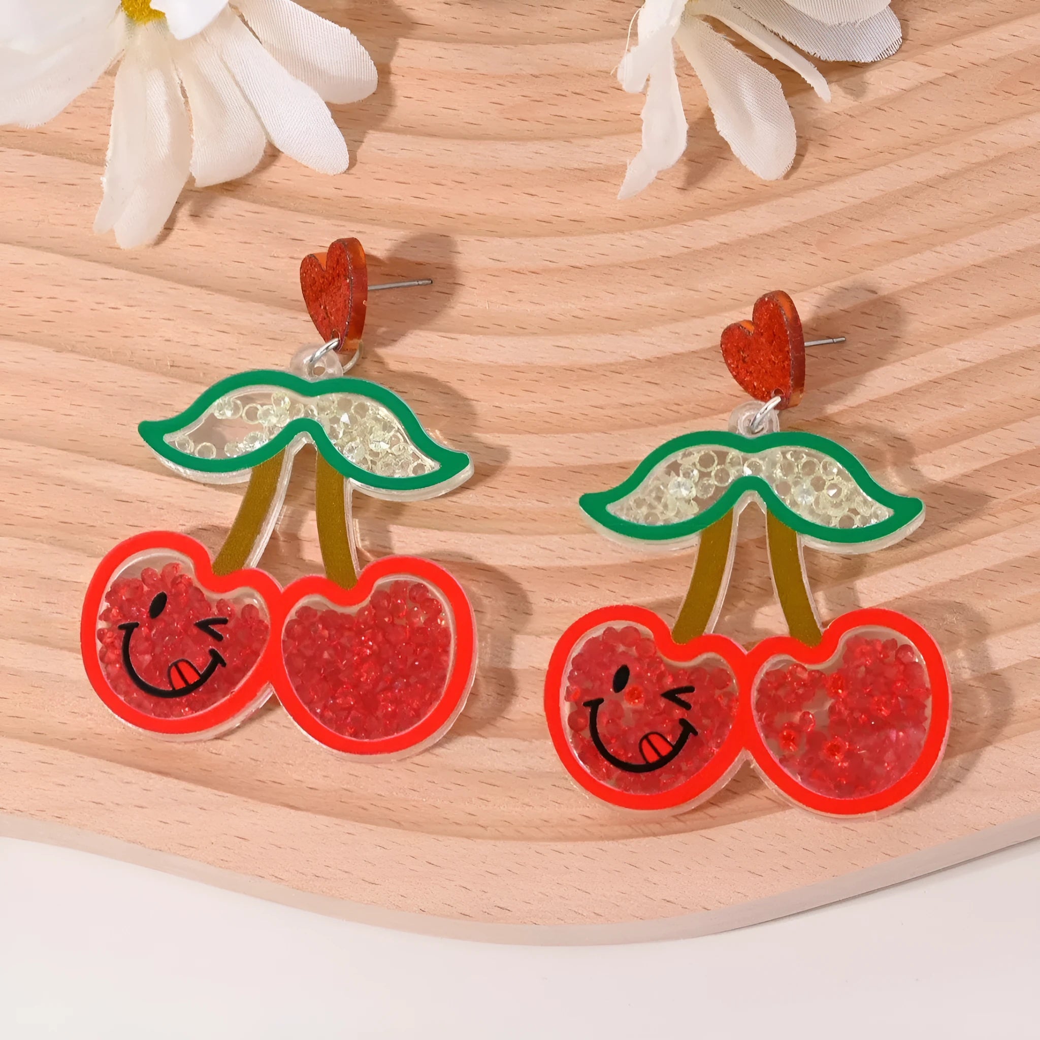 Acrylic fruit earrings for women showing cherry, strawberry, watermelon, pineapple designs