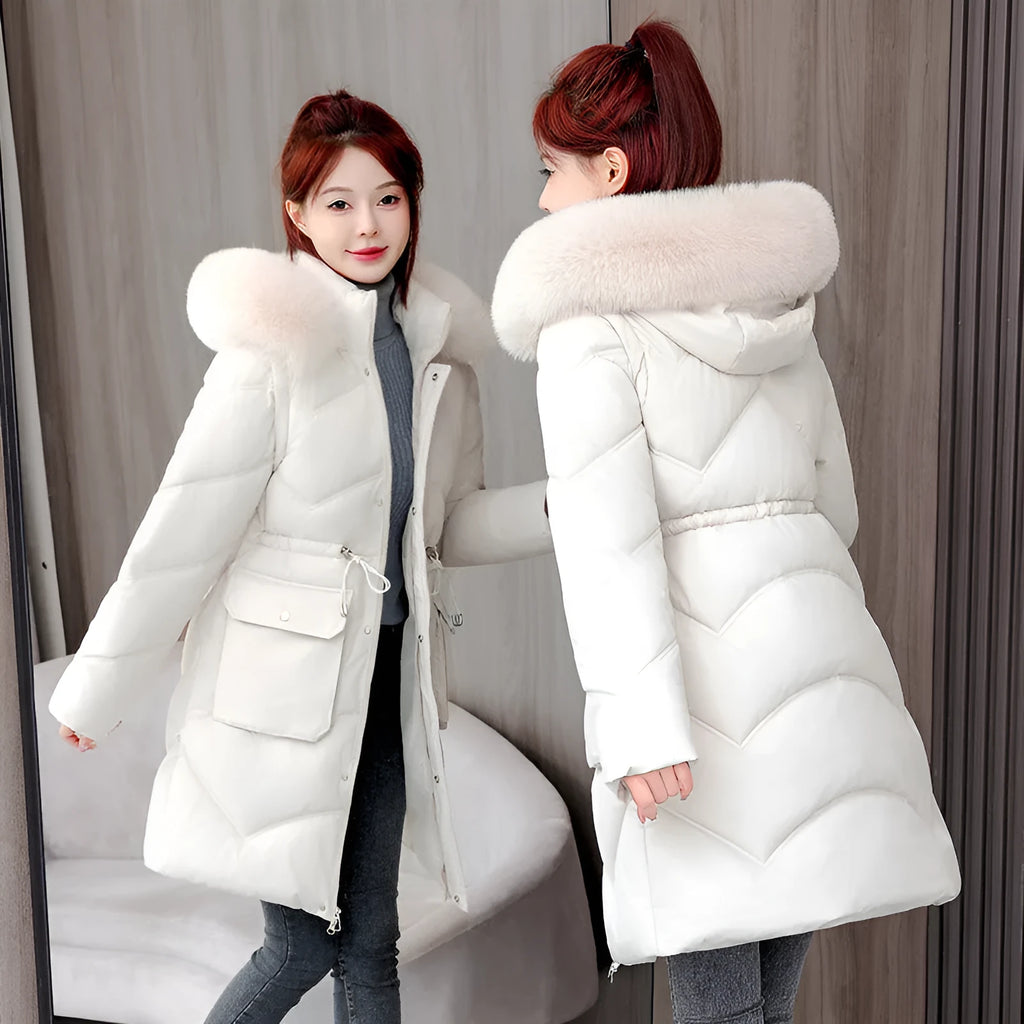 Women's mid-length cotton-padded jacket with removable fur collar in beige, loose fit, super thick polyester fabric, side view