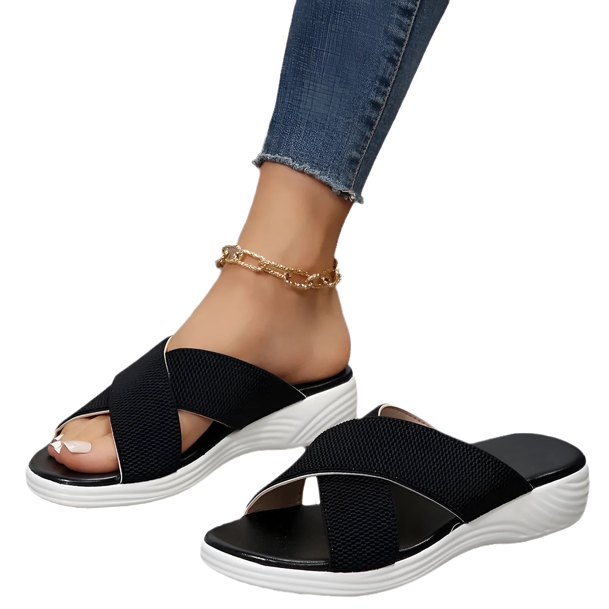 Black flat wedge peep-toe women's slippers with a cross-strap and thick rubber sole.