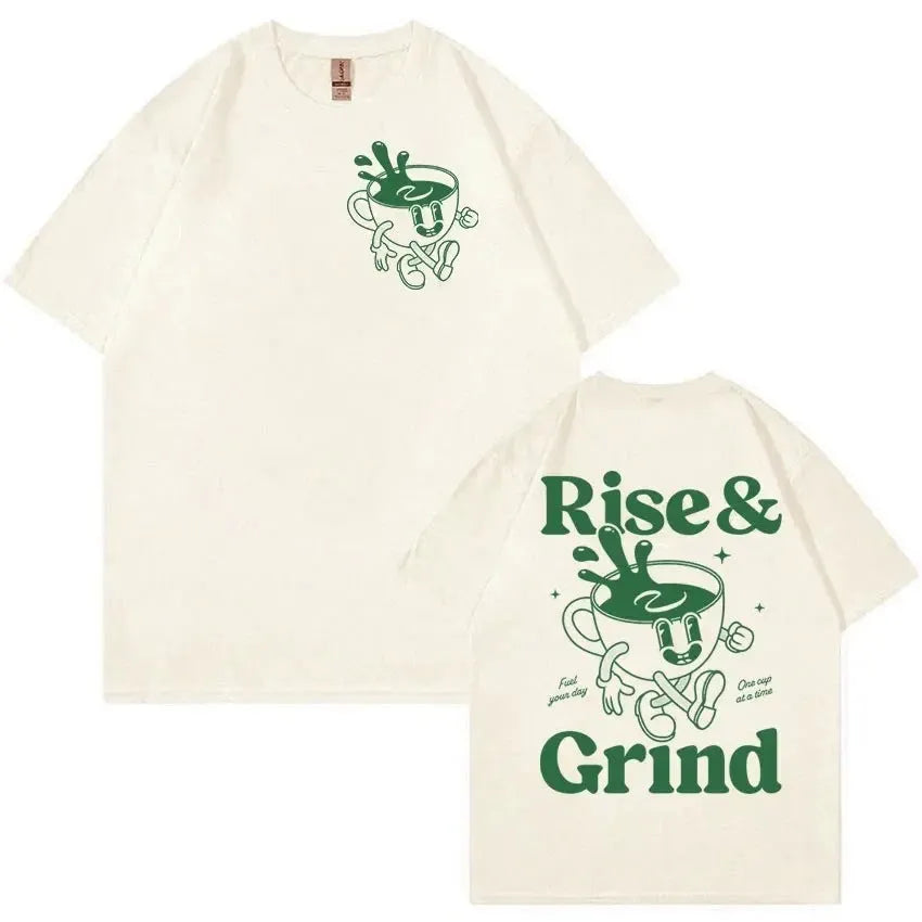 Men's loose fit linen blend T-shirt with green coffee cartoon print, shown in black.
