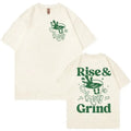 Men's loose fit linen blend T-shirt with green coffee cartoon print, shown in black.