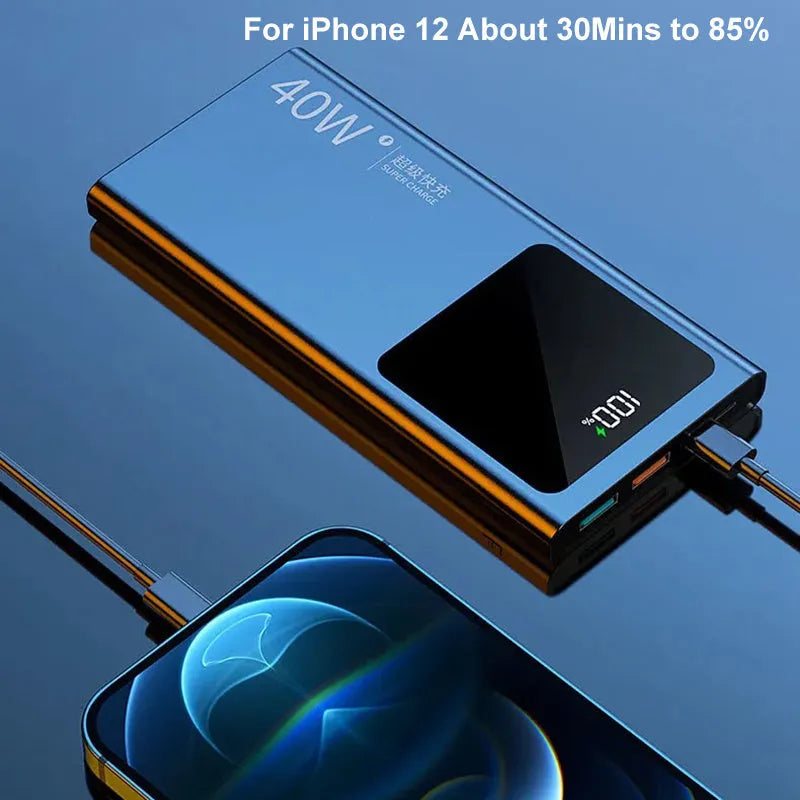 40W bidirectional fast charge mobile power supply in black plastic shell with multi-U ports, 145x70x22 mm size