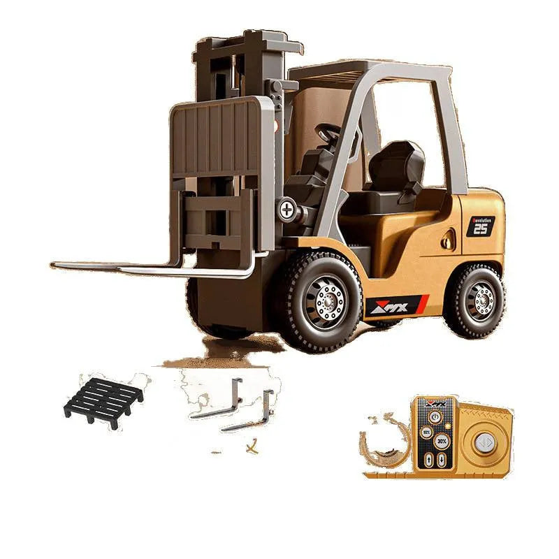 1:64 scale alloy remote control forklift toy with Bluetooth controller and cargo accessories.