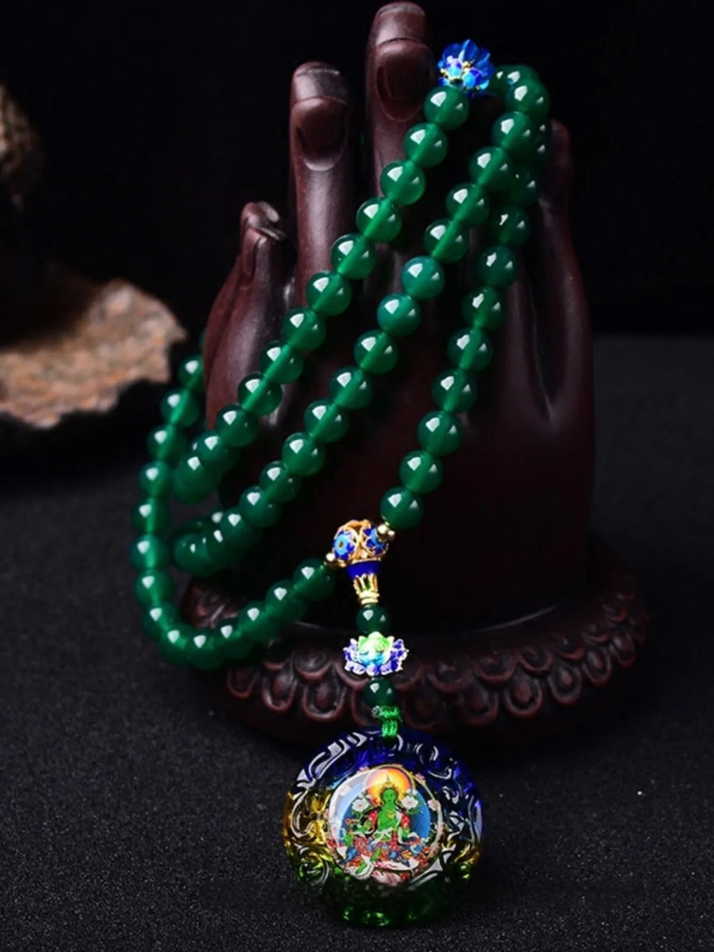 Natural green agate 108 bead multi-circle bracelet with Thangka design and certificate