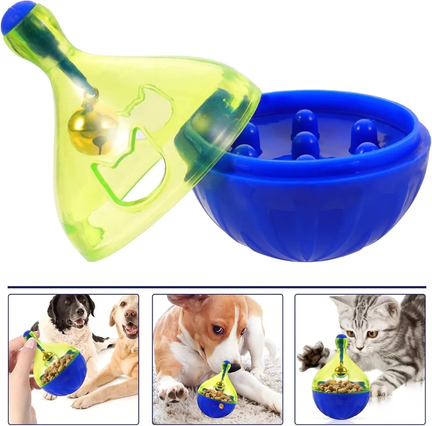 Durable interactive tumbler treat dispenser toy for small dogs and cats.