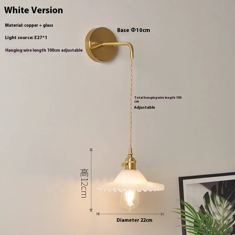 Retro brass lotus wall lamp with copper construction and glass shade in six colour options