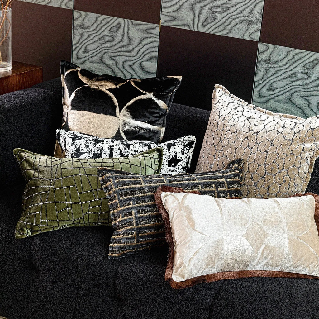 Black gold abstract flannel pillow with bronzed full moon pattern available in square and waist sizes