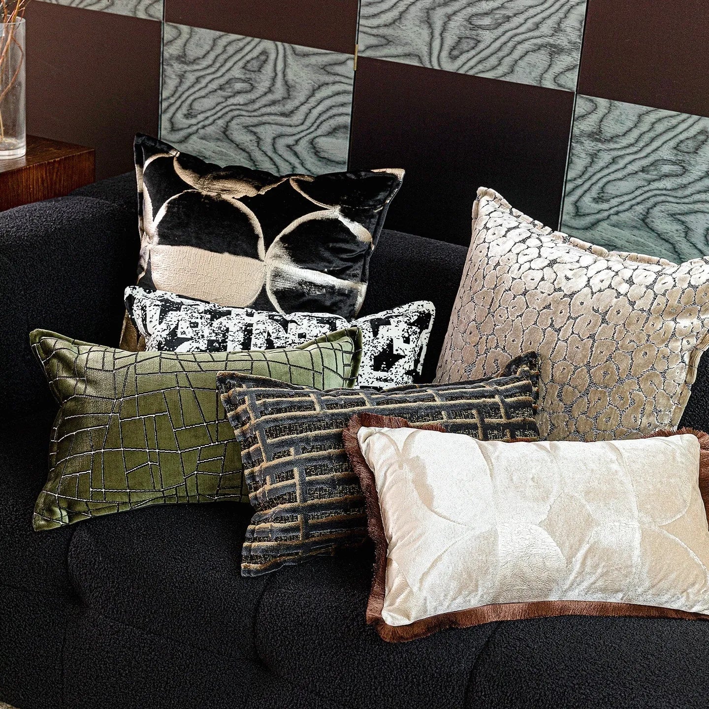 Black gold abstract flannel pillow with bronzed full moon pattern available in square and waist sizes