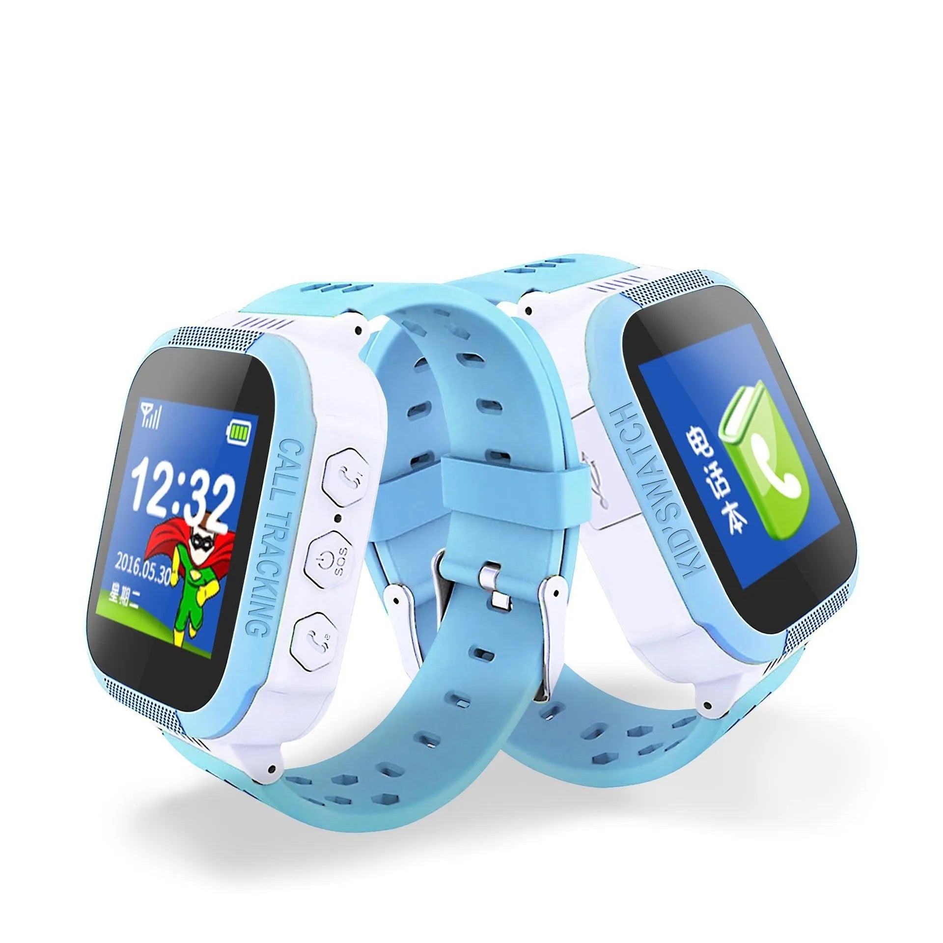 Blue children's phone watch with 1.44 inch IPS screen showing Chinese language interface