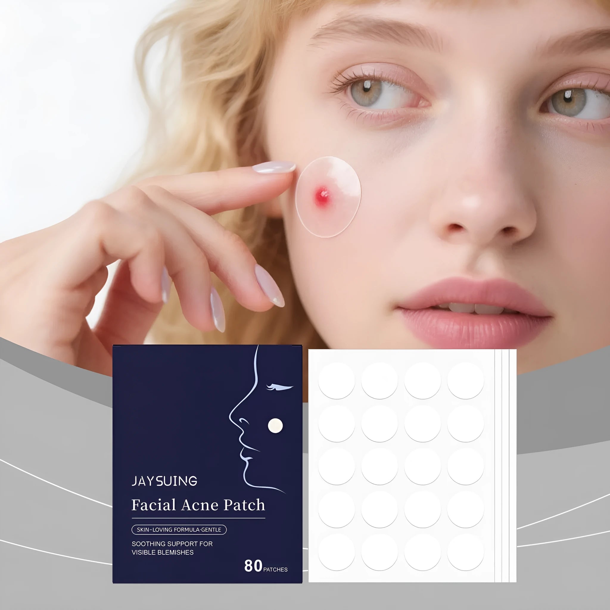 Package of 80 hydrocolloid acne patches for facial blemish treatment