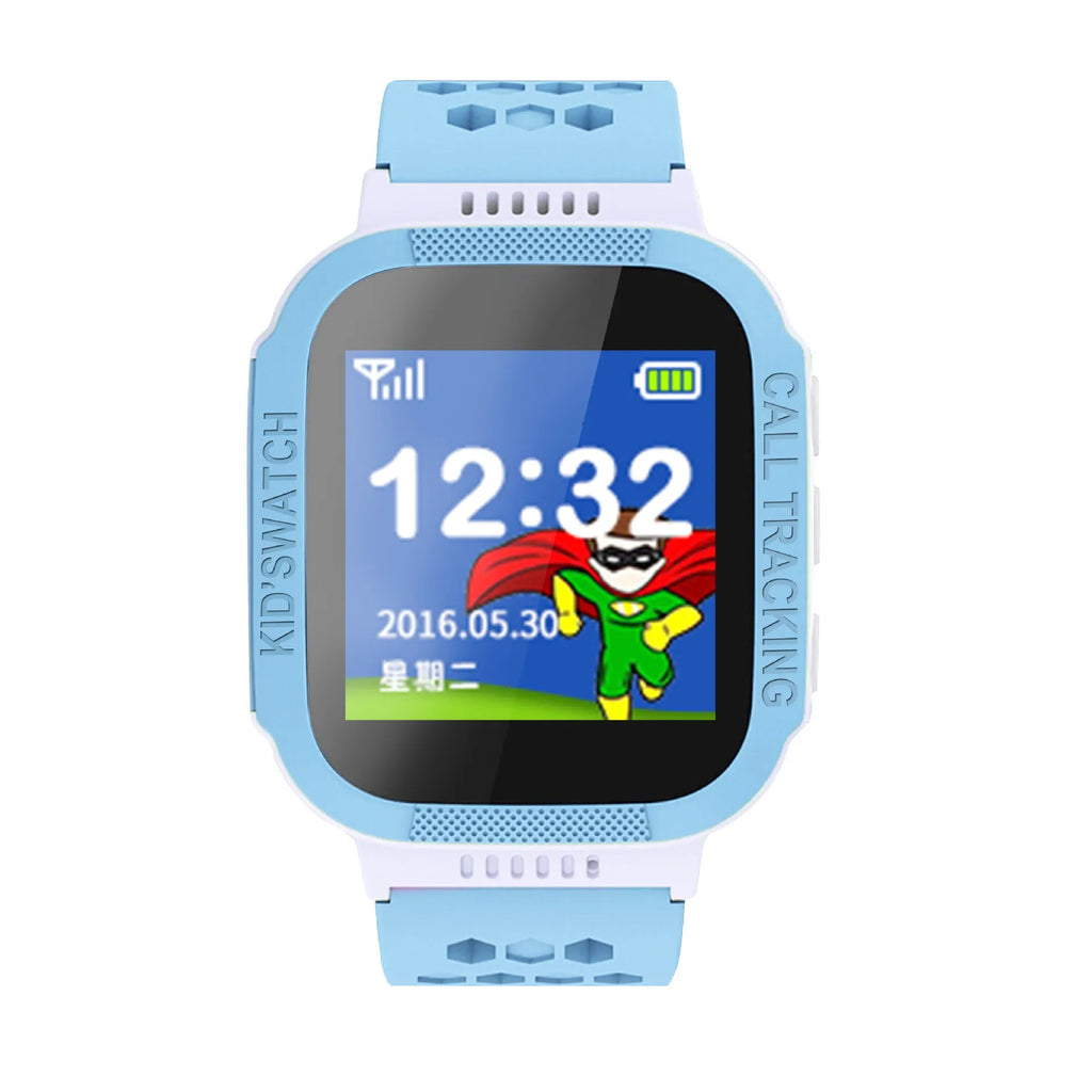 Blue children's phone watch with 1.44 inch IPS screen showing Chinese language interface